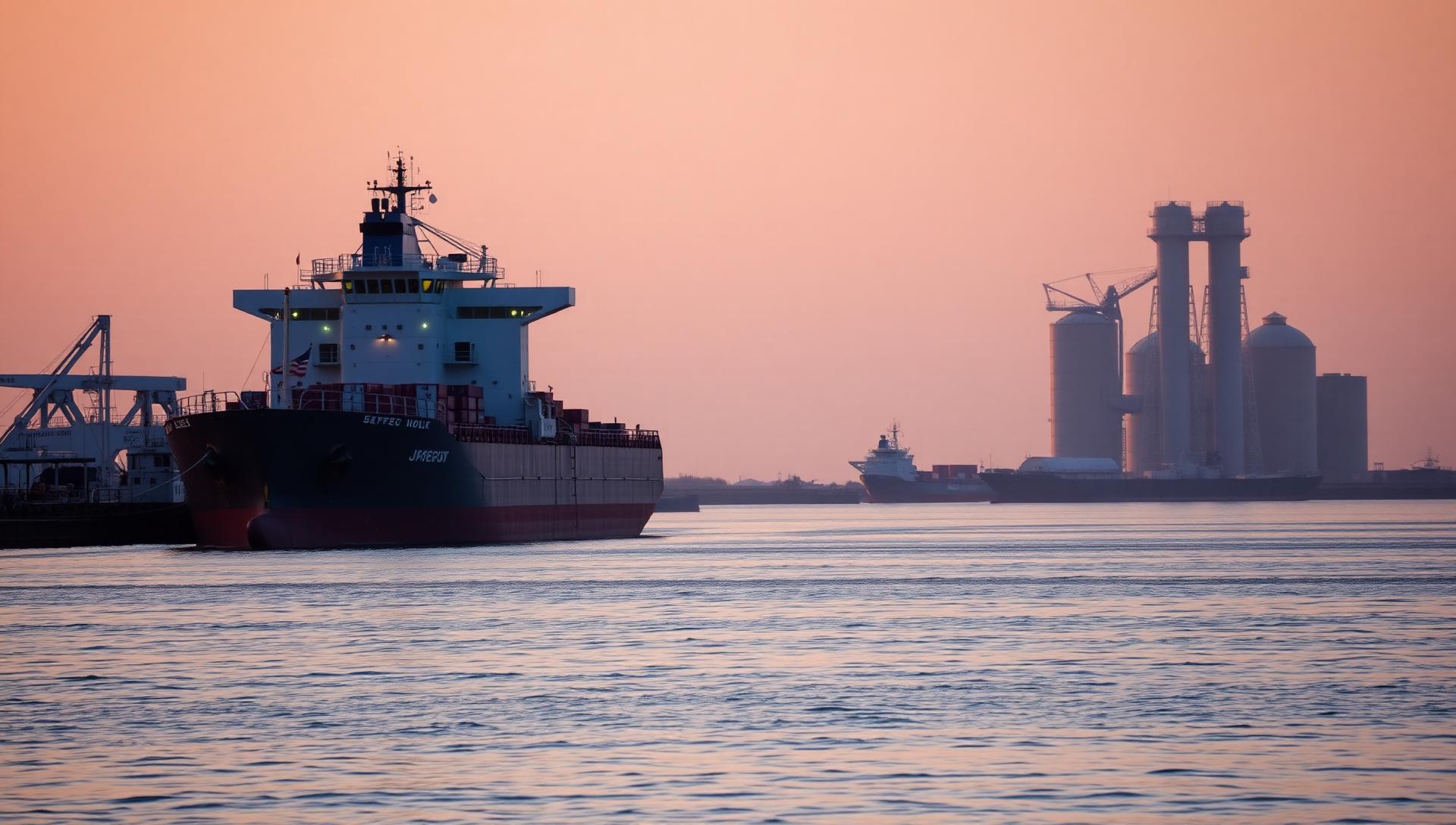 Cargo ship docked at the Port of Thunder Bay at golden hour