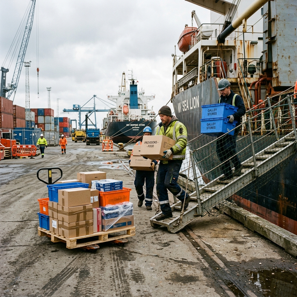 Provisions being loaded onto a vessel dockside
